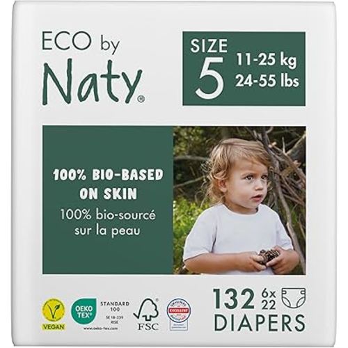 Eco by Naty Baby Diapers - Plant-Based Eco-Friendly Diapers, Great for Baby Sensitive Skin and Helps Prevent Leaking (Size 5, 132 Count)