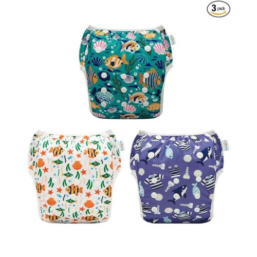 Babygoal Reusable Swim Diapers 3 Pack for 0-8 Months Newborn and Baby Swimming Lessons-Fish & Shark
