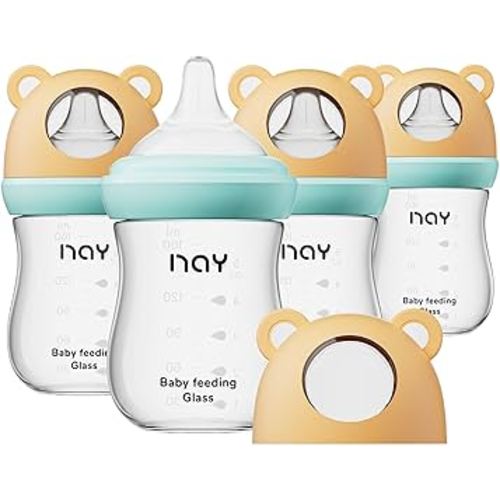 Natural Glass Baby Bottle for Breastfeeding Babies, 5.4oz Anti-Colic Baby Bottle with Natural Response Nipple(S), Clear, Wide Neck, 4 Pack, 1 Months+
