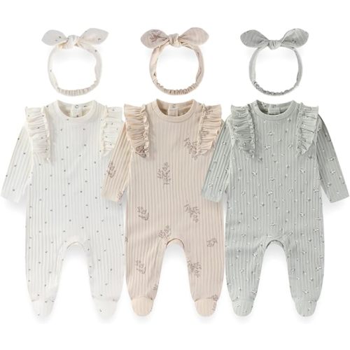 Baby Girls 3-Piece Cotton Floral Outfit Set with Headband Soft Infant Romper Newborn baby clothes