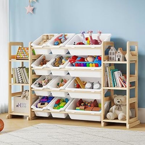 Extra Large Toy Storage - Toy Storage Organizer, Wooden Toy Organizer with 6 Side Shelves and 12 Bins, 3-in-1 Bookshelf for Kids Rooms, Playroom, Nursery, White
