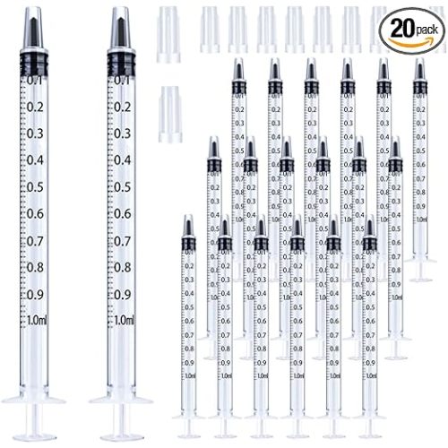 20 Pack 1ml Syringe with Cap for Liquid, 1cc Plastic Small Syringes with Cover, Non-Sterile, No Needle