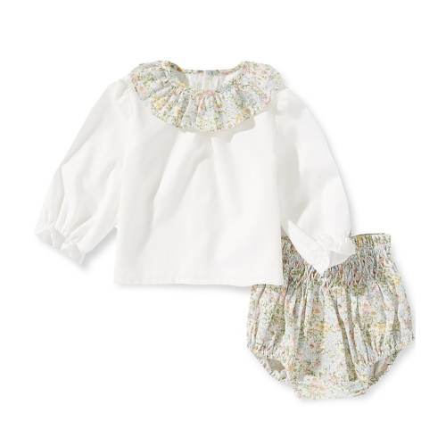 Edgehill Collection Baby Girls Floral Print Long Sleeve Ruffle Neck Top & Floral Smocked Diaper Set
