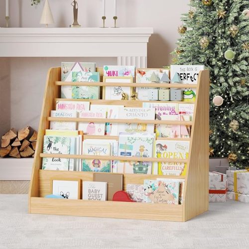 Lkeiyay Kids Bookshelf,Kids Wooden 4 Tier Book Display Shelf,Montessori Bookcase Kid Room, Toddler Bookshelf for Nursery Classroom (Natural)
