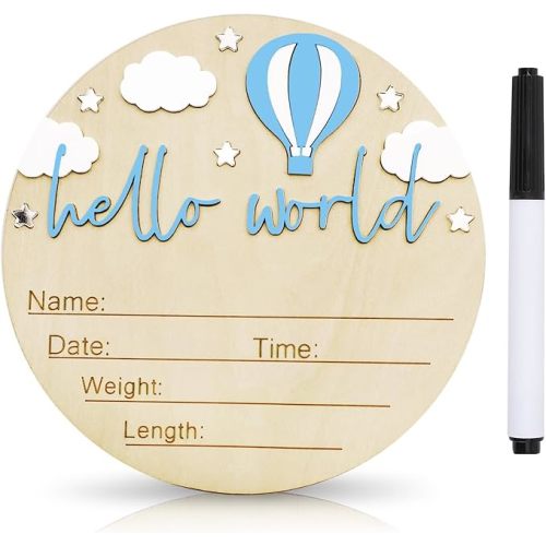Baby Announcement Sign, 5.9 Inch Wooden Hello World Newborn Signs, Birth Announcement Sign and Pen, Hot Air Balloon and White Cloud Decoration, Welcome Newborn Arrival to World (Blue)