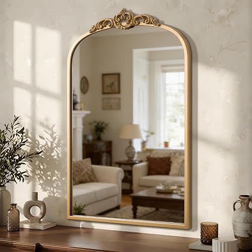 1 Set Vintage Mirror 20x30 Gold Antique Baroque Arched Ornate Traditional Brass Mirror and 8.5x12 Vintage Vanity Makeup Desk Table Mirror for Bathroom Entryway Living Room Hallway Fireplace