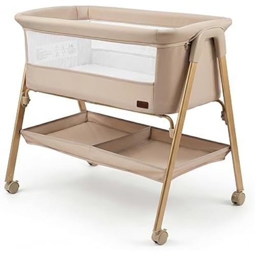 Baby Bassinet, Bedside Bassinet for Infant, Bassinet Bedside Sleeper with Mattress, Storage Basket 4 Auto-Lock Wheels, Full-Mesh Sides, Bed Side Mini Crib for Newborn (1, Beige)