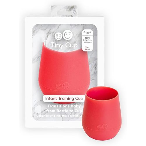 ezpz Tiny Cup (Coral) - 4 months+ - 100% Silicone Training Cup for Infants - Designed by a Pediatric Feeding Specialist - Baby-Led Weaning Essentials & Baby Gifts