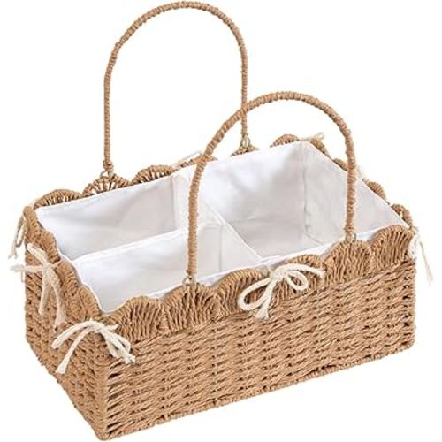 Large Baby Diaper Caddy, Brown Paper Rope Storage Basket with Handles, Portable Nursery Organizer with Removable Divider for Diapers, Wipes, Baby Essentials (Brown)