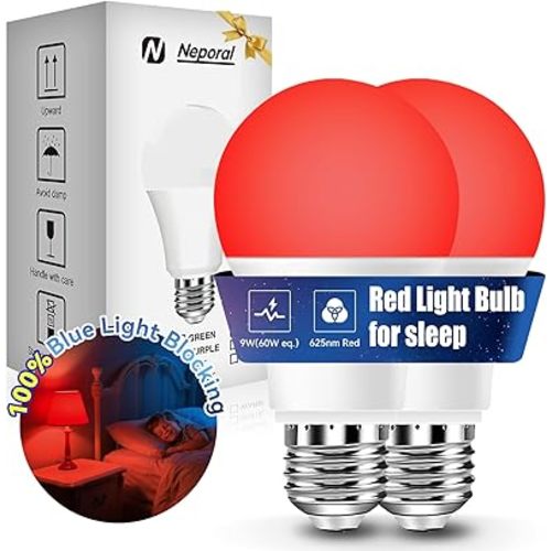 Neporal 625nm 9W Red Light Bulbs for Sleep, 100% Blue Light Blocking Light Bulbs for Melatonin Promoting, A19 LED 60W Equivalent Dim Red Night Light Bulb for Baby Nursery, Sleeping, Reading, 2-Pack