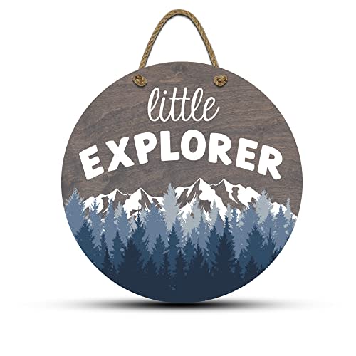 Little Explorer Hanging Wall Sign, 12" Wood Round, Blue Trees Grey Background, Rustic Home Decor, Woodland Baby Shower Decorations,Hickory Hollow Designs (Little Explorer (Classic Grey))