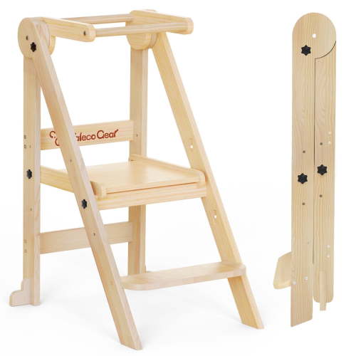G TALECO GEAR Foldable Toddler Tower, Kitchen Kids Step Stool Helper, Standing Tower with 3 Adjustable Heights, Nature