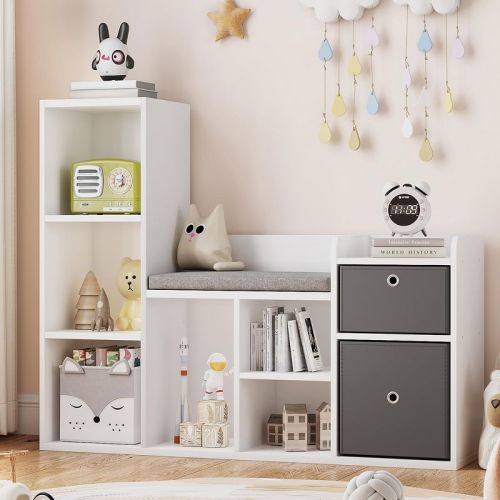 GustoWave Kids Bookshelf 44.1in Width Toy Storage Organize White Bookcase Seat Cushion Wooden 6-Cubby Storage Bench 2 Drawers Toddler Cabinet Shelf