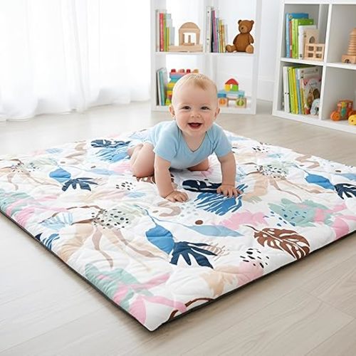1.5" Thicker Baby Play Mat for Floor, 50x50 Removable & Machine Washable Cover Playpen Mat Softness Foam Mats, Easy-Clean Hygienic, Comfort Safety Kids Crawling (Tummy Time Leaves)