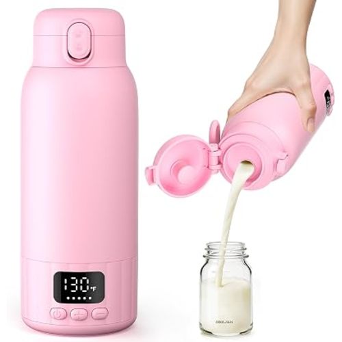 Portable Bottle Warmer for Travel, Fast Heating Milk Warmer On The Go, 17 OZ Water Warmer for Milk, Formula, Water, Temp Control 98°F -131°F, Baby Essentials for Outdoor Airplane Car Journey, Pink