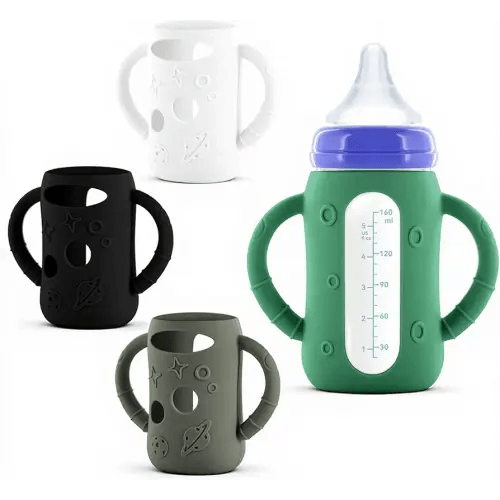 Luxnary 4-Pack Silicone Sleeves for Lansinoh Glass Bottles 5 oz-Starry Sky Design Baby Bottle Holder with Handles,Protectors for Lansinoh Natural Wave Glass Bottles, Anti-Scald Feeding Supplies