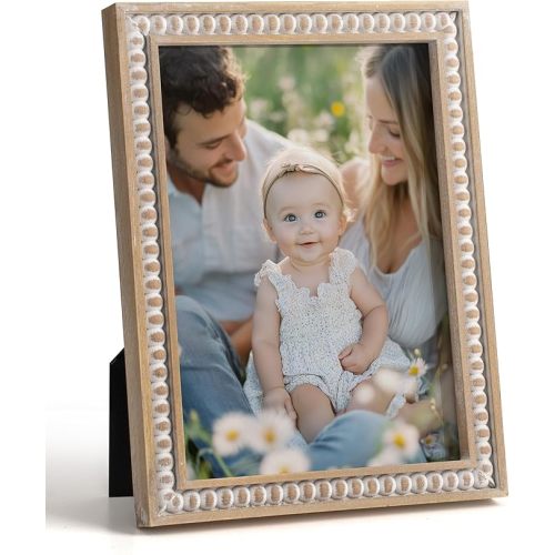 5x7 Picture Frame, Natural Pine Wood Wall Mount Photo Frame Boho Distressed White Vintage Rustic Tabletop Display Home Decor for Bedroom Living Room Hallway Entryway