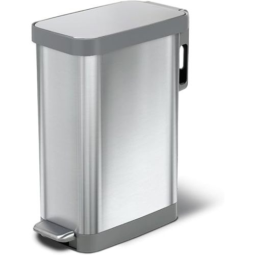 Glad Slim Trash Can with Clorox Odor Protection - Narrow Kitchen Garbage Bin with Soft Close Lid, Step On Foot Pedal and Waste Bag Roll Holder, All Stainless, 45 Liter