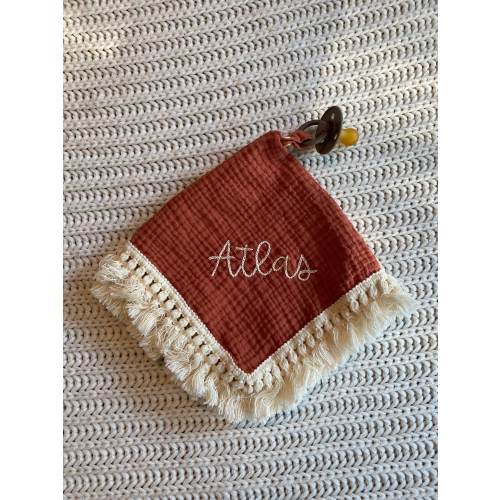 Personalized Lovey Security Blanket// Pacifier Holder// Boho style// Tassel Baby Blanket