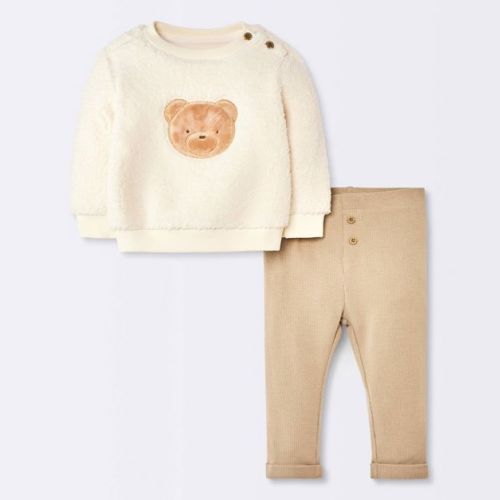 Baby Boys' 2pc Bear Faux Shearling Sweatshirt and Ribbed Pants Set - Cloud Island™ Cream 6-9M