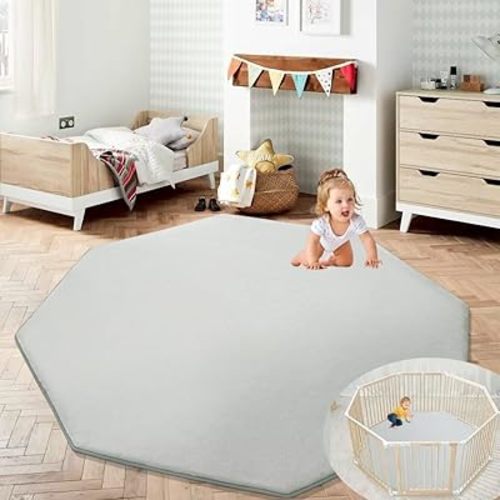 HOMBYS Memory Foam Baby Play Mat Extra Thick for Playpen, 61x61 Portable Octagon Playpen Mat for Kids, Toddler Crawling & Play, Super Soft Velvet with Non-Slip Backing Baby Playpen Mat(Light Grey)