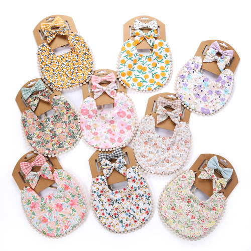 Baby Muslin Feeding Bibs with Bow Headband Set Flowers Lace Adjustable Drooling Bib Boho Baby Bibs for Girls Infant Newborn Toddler Teething