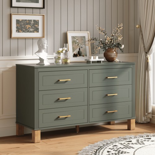 Atumcto Modern 6-Drawer Adult Bedroom Dresser, Solid Wood Legs & Metal Handles, Storage Cabinet, Olive Green