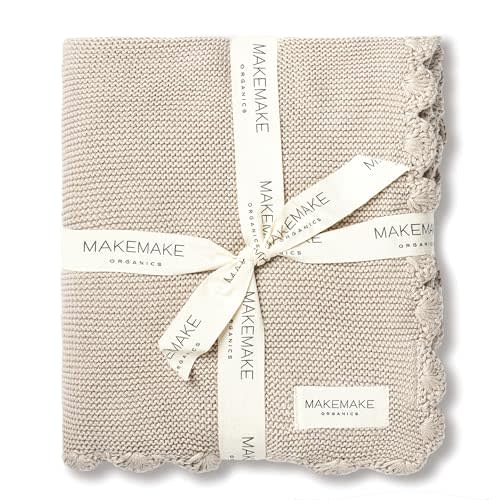 MakeMake Organics GOTS Certified Organic Cotton Baby Blanket - Newborn Modern Knit, Breathable Unisex Stroller Blanket for Boys and Girls (30x40, Beige)