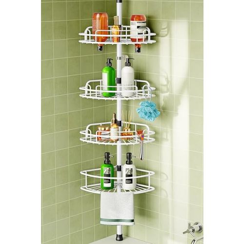 HAMITOR Corner Shower Caddy Tension Pole: Rustproof Bathroom Organizer Shelves for Bathtub Shampoo Accessories Storage Holder - 47-121 Inch Adjust - White