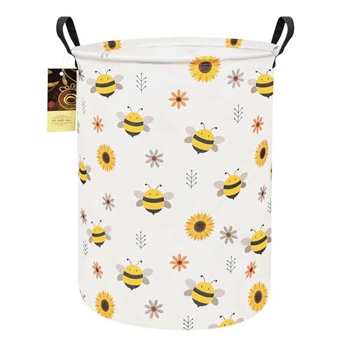 Collapsible Fabric Storage Basket, Waterproof Laundry Hamper with Handles, Round Storage Bin for Clothes Toys, Foldable Organizer for Bedroom Nursery Bathroom(Round-Bee)