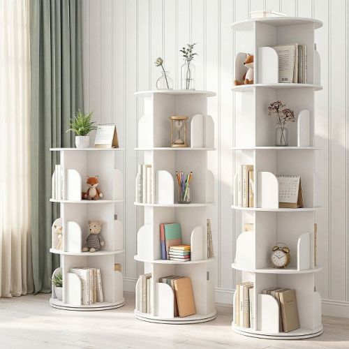 3 Tier Rotating Bookshelf, 360° Spinning Freestanding Bookcase, White Storage Organizer for Bedroom, Living Room