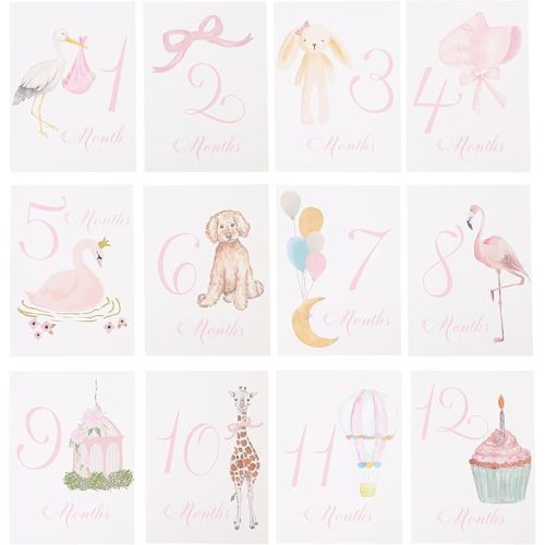 Baby First Holiday Cards - First Year Cards,Monthly Milestone Baby Shower,Milestone Monthly Holiday Photo,Photo Props (pink)