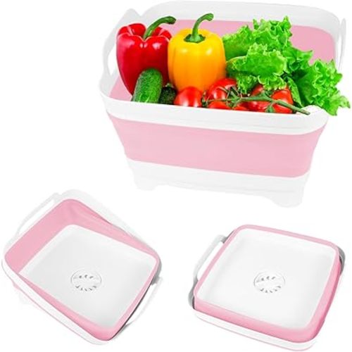 Hovom Collapsible Dish Basin with Drain Plug, 8.5L 2.2 Gallon Foldable Wash Basin, RV Portable Camping Sink, Outdoor Multiuse Space Saving Wash Bin for Baby Bottle, Kitchen Storage Tray (Pink)