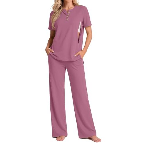 Women Maternity Nursing Set | Postpartum, Breastfeeding, Pregnancy, 2 Piece, Short Sleeve, Zipper, Henley Shirts, Wide Leg Pants, Clothes, Lounge, Outfits