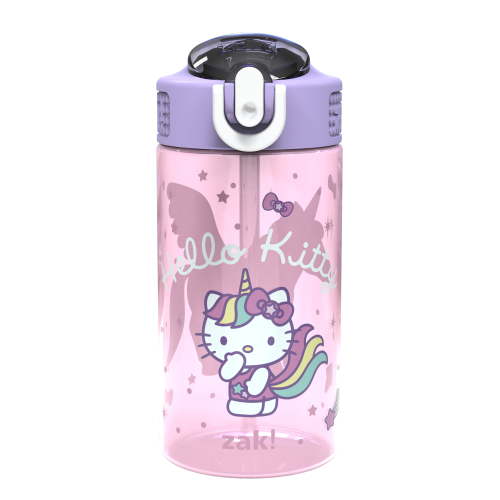 Zak Designs 16oz Hello Kitty Kids Straw Water Bottle, Durable Plastic Park Bottle with Easy-Open Locking Spout Cover for Travel, Built in Carry Handle