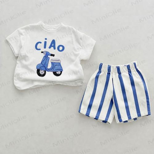 CIAO Baby Blue Vertical Striped 2-piece Shorts Set