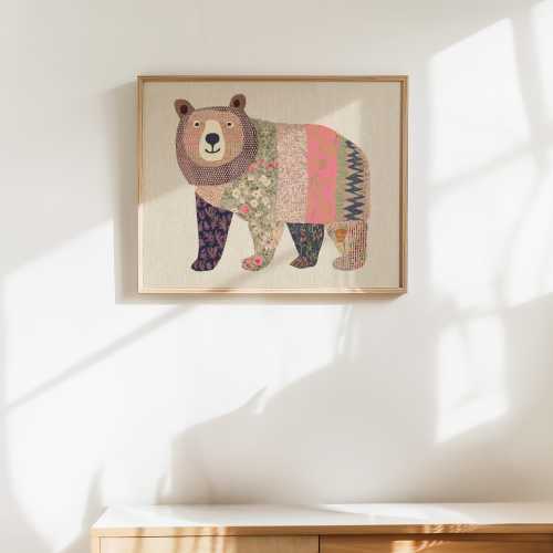 Patchwork Bear Art Print – Whimsical Woodland Animal Decor, Floral Nursery Wall Art, Cottagecore Girls Room Illustration
