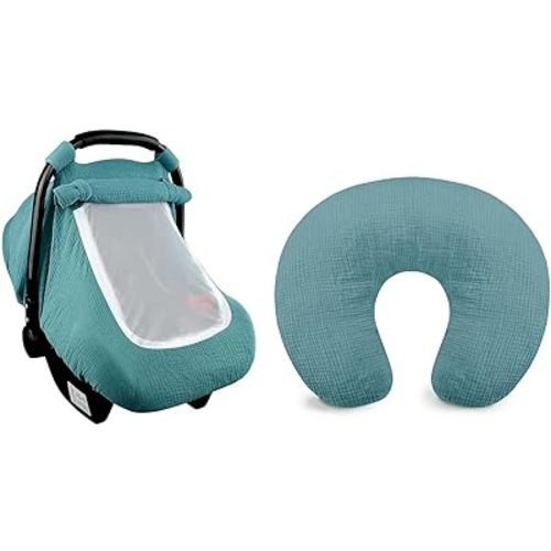 Hooyax Muslin Baby Summer Bundle - 2 Pack Breathable Car Seat Cover & Nursing Pillow Slipcover, Breathable and Lightweight for Strollers & Breastfeeding, Blue