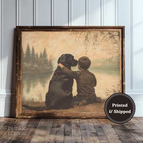 Black Labrador and Boy Print, Neutral Nursery, Rustic Baby Room Poster, Antique Kids Bedroom Art, Rustic Painting, Printed and Shipped