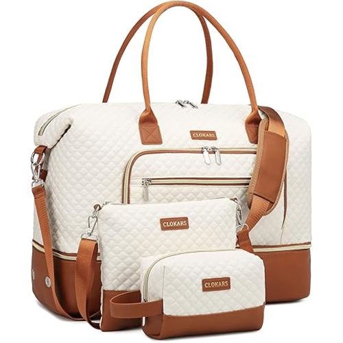 Weekender Bags for Women, Travel Duffle Bag Carry On Overnight Bag with Cosmetics Bag and Crossbody Purse for Gym Hospital, Gifts for Women, Beige Brown