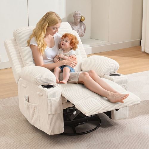 COZONY Oversized Nursery Recliner Chair, 360° Swivel Glider Rocker with Heat & Massage, Cup Holders & Storage, for Bedroom, RV, Living Room