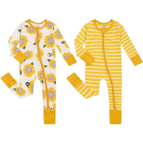 Teach Leanbh Unisex Baby 2 Pack Cotton Pajamas with Mittens and Feet Cuffs 2 Way Zipper Long Sleeve Romper Sleep and Play