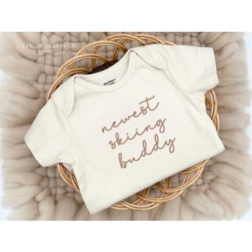 Embroidered newest skiing buddy Bodysuit, Ski Pregnancy Announcement, Outdoorsy Baby Announcement, Baby Shower Skiier Gift, Winter Baby