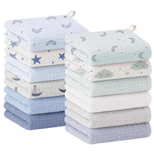 Bearmoss 12 Pack Baby Muslin Washcloths, 100% Cotton 10"x10" Face Towels | Soft Absorbent Bath Wash Cloths and Burp Cloths for Newborn Infants Kids Girls & Boys (Blue Gray)