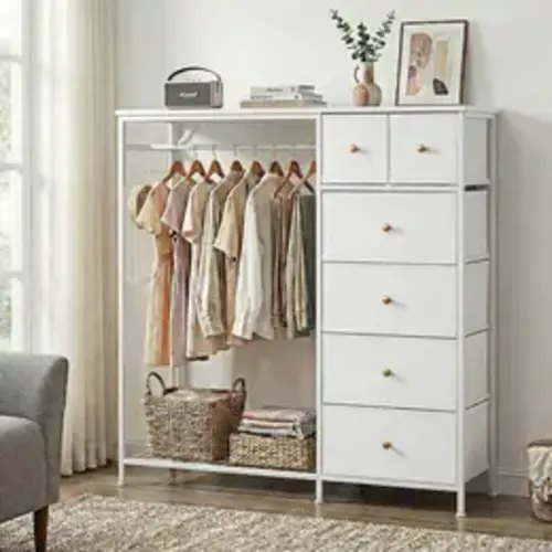 Dresser With Hanging Rack，Closet Organizer,With Hanging Rack With LED Lights & Charging Station,Wooden Top, for Home Living Room - TikTok Shop