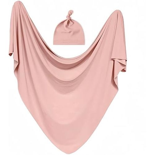Baby Receiving Blankets with Matching Beanie Set Newborn Nursery Swaddle Unisex Swaddle Wrap Soft Silky Neutral for Baby Girls and Boys (Pink)