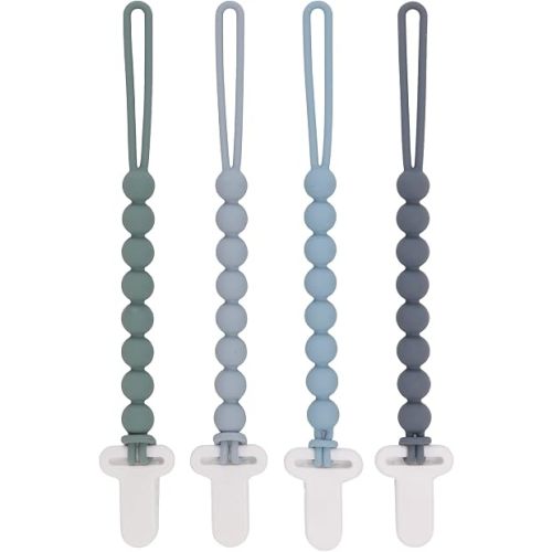 4-Pack Silicone Pacifier Clips with One-Piece Beads for Baby Boys and Girls - Flexible and Rust-Free Holders for Teething Relief and Baby Essentials, Safe for Newborns (Grey)
