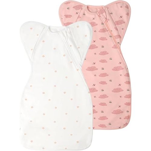 Premium Soft Cotton Swaddle Blanket Sleep Sack Arms Up Design 2 Packs 3-6 Months, Hands Up 3-Way Transitions to Arms-Free Wearable Sleeping Sack Bag for Baby Boys Girls Snug Fit Calms Startle Reflex