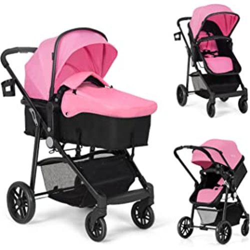 BABY JOY Baby Stroller, 2 in 1 Convertible Carriage Bassinet to Stroller, Pushchair with Foot Cover, Cup Holder, Large Storage Space, Wheels Suspension, 5-Point Harness (Pink)