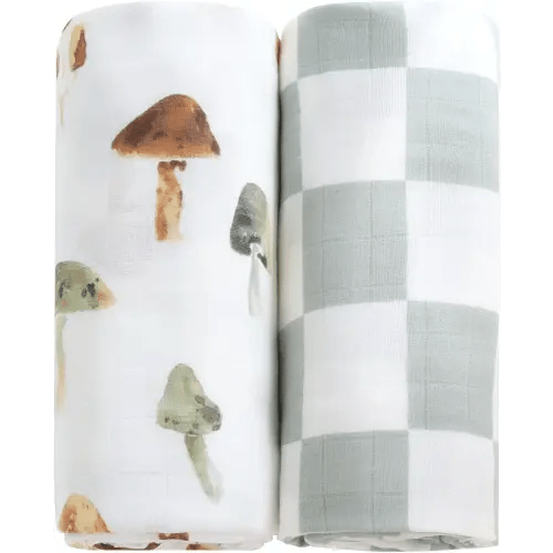 LifeTree Muslin Swaddle Blankets, Baby Swaddling Blanket for Boys Girls, Super Soft 70% Viscose from Bamboo and 30% Cotton, Large 47" x 47", Checkered & Mushroom, Newborn Baby Registry